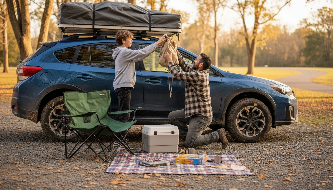 Family setting up car camping roof tent