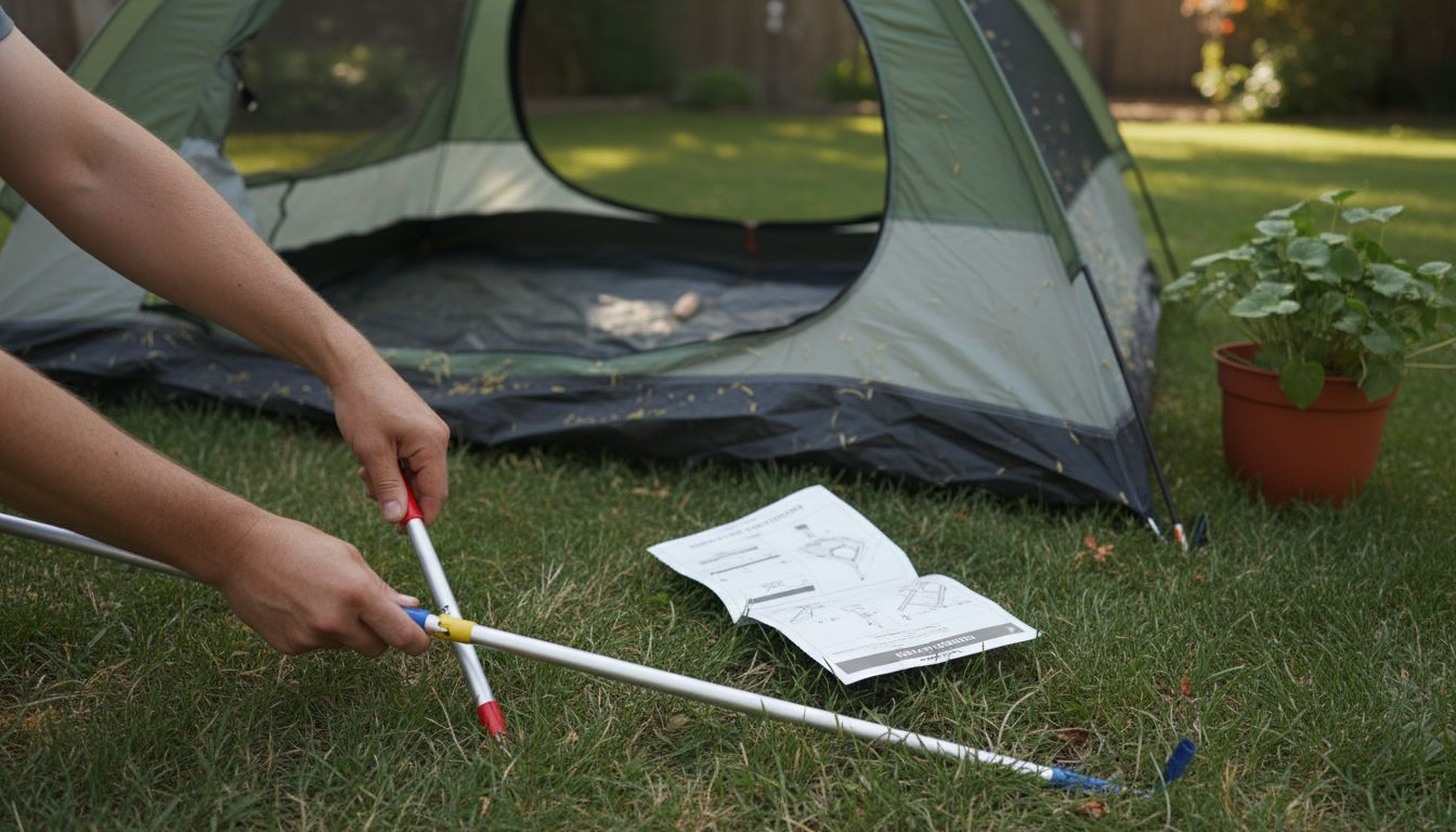 Hands assembling tent poles in backyard