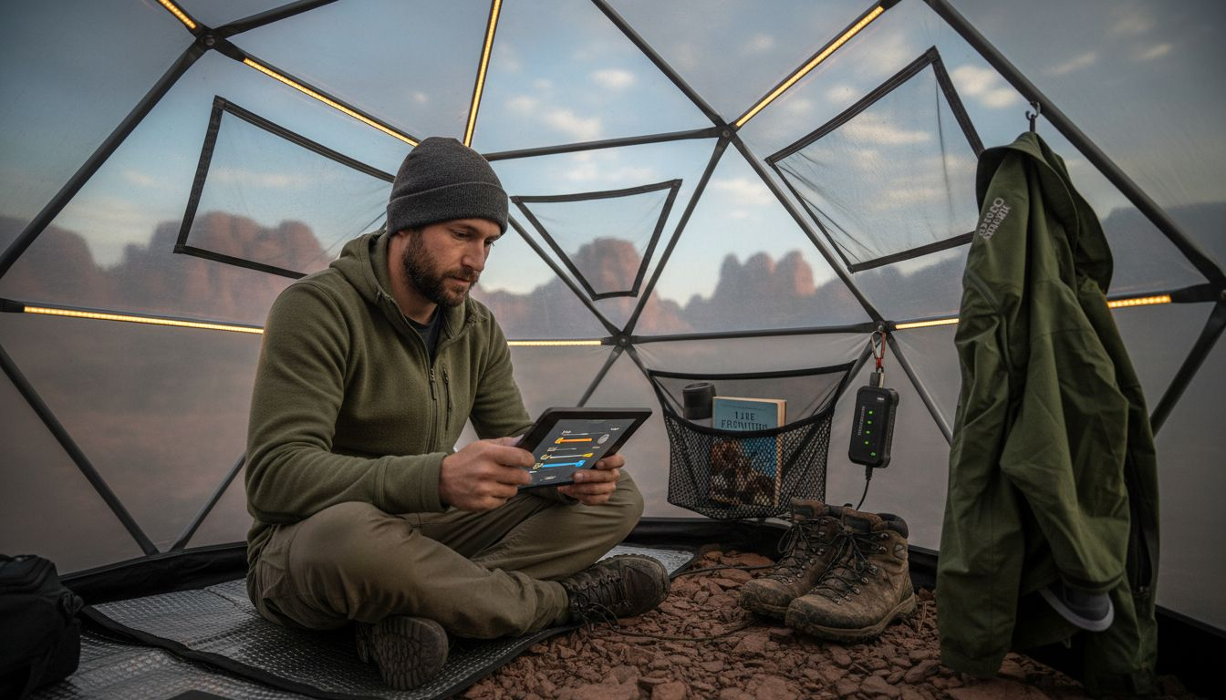 Camper uses smart technology inside tent
