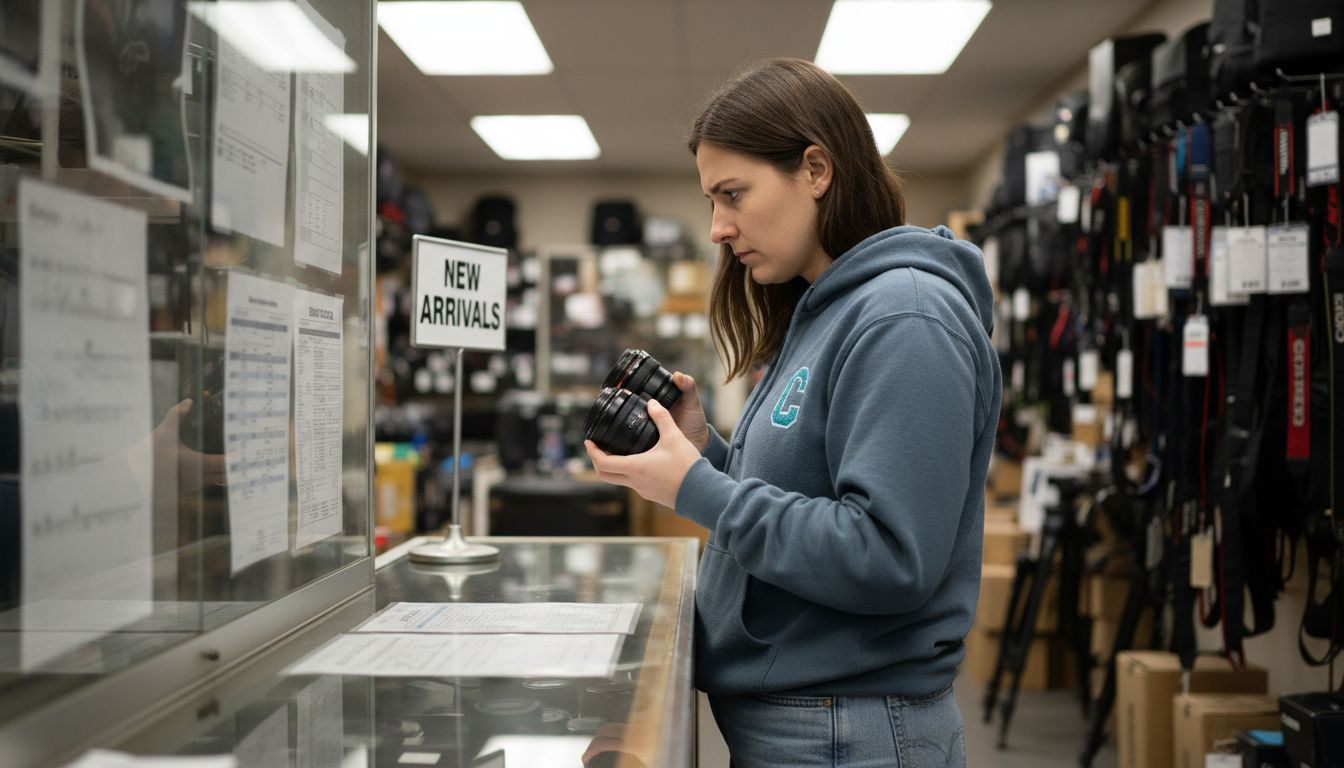 Woman comparing camera lens specifications in shop