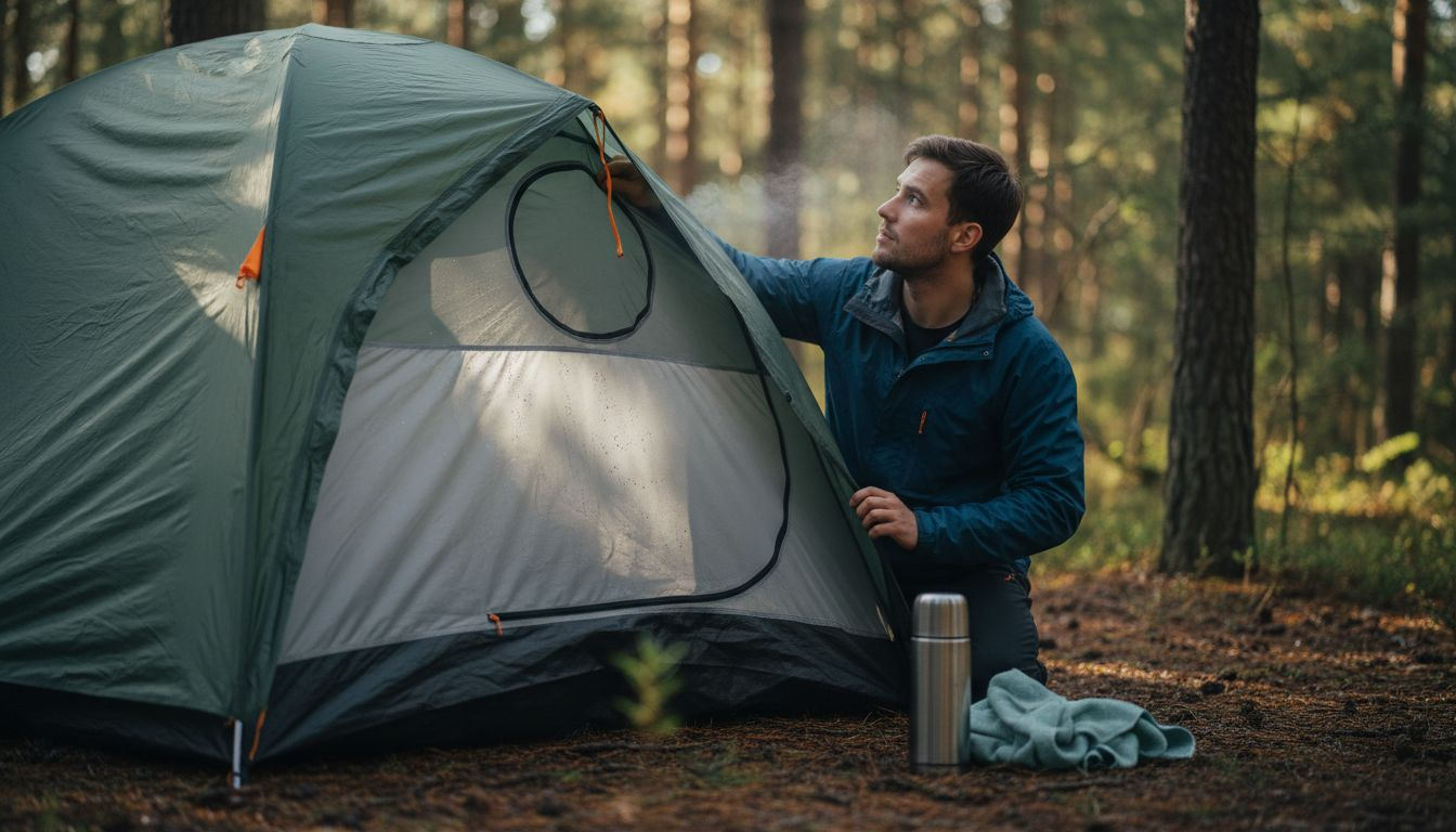 Camper adjusting tent vent to reduce condensation