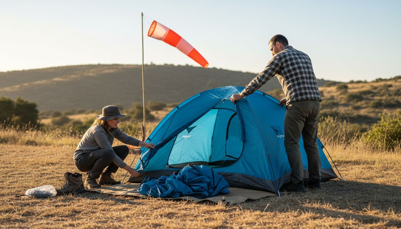 Campers positioning tent for weather safety
