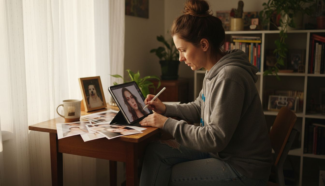 Woman creatively editing photo at home desk