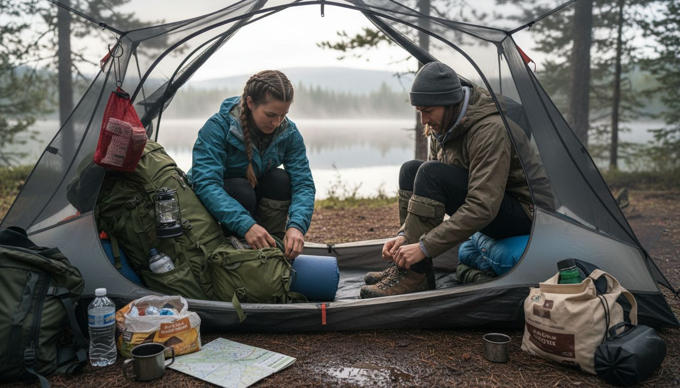 Campers storing gear in tent vestibule