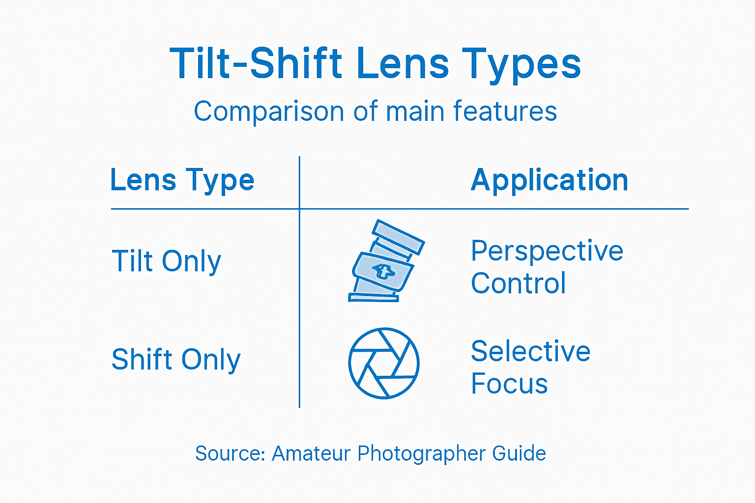 Infographic summarizing tilt-shift lens types and uses