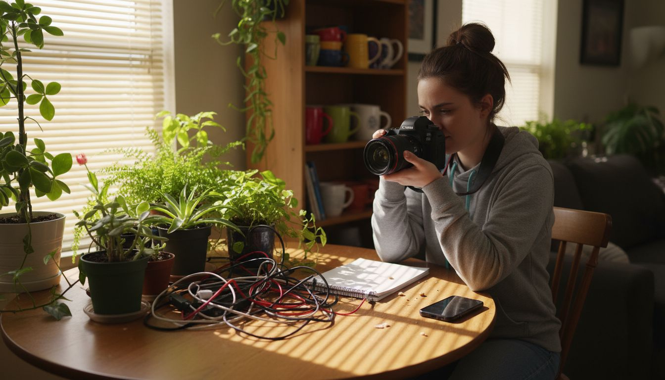 Practicing camera bracketing at cluttered kitchen table