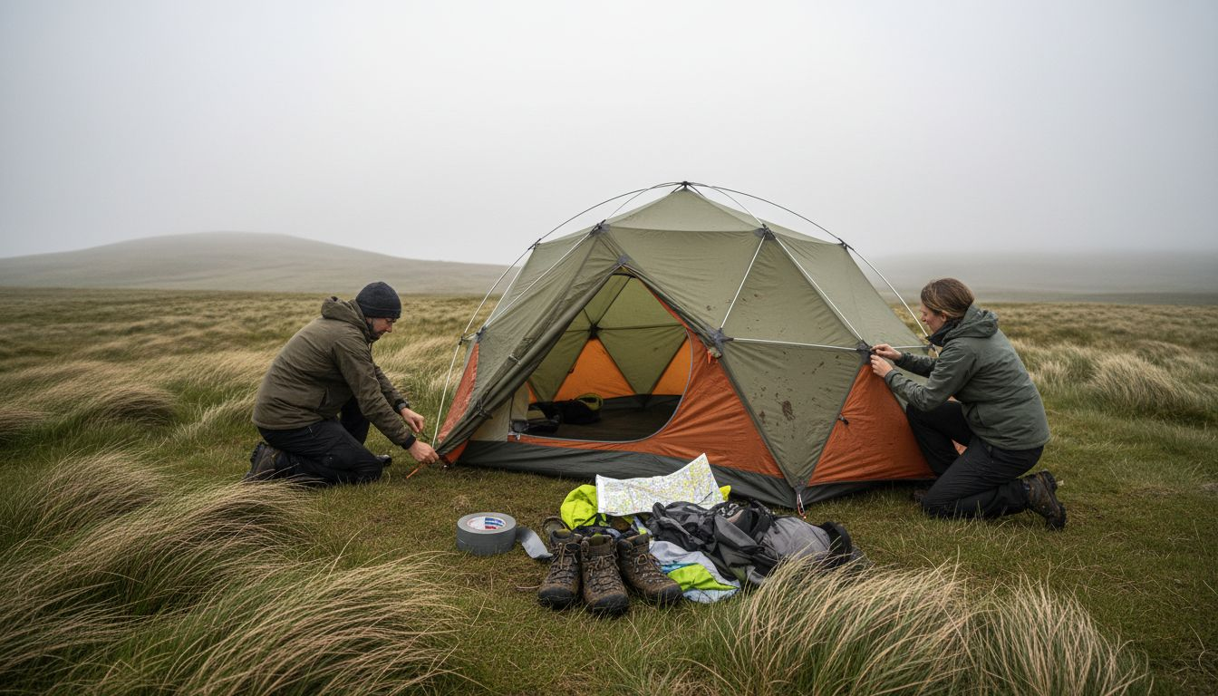 Geodesic tent with hikers reinforcing setup