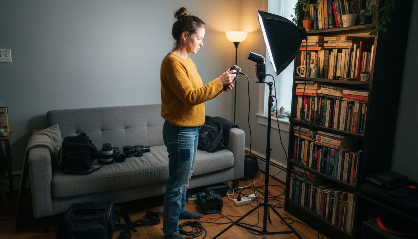 Woman adjusting flash for indoor lighting