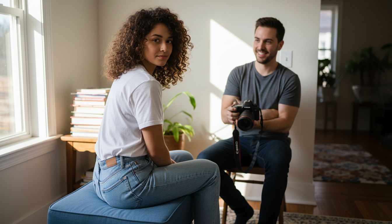 Photographer guiding subject in home portrait session