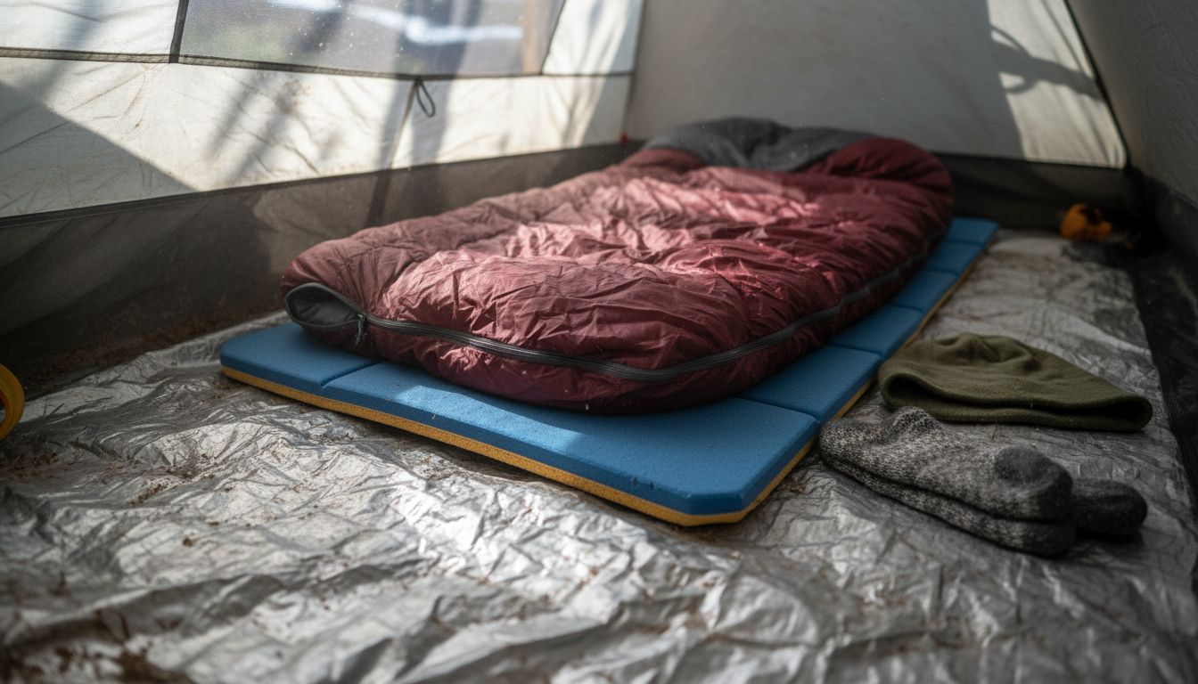 Layered tent insulation setup close-up