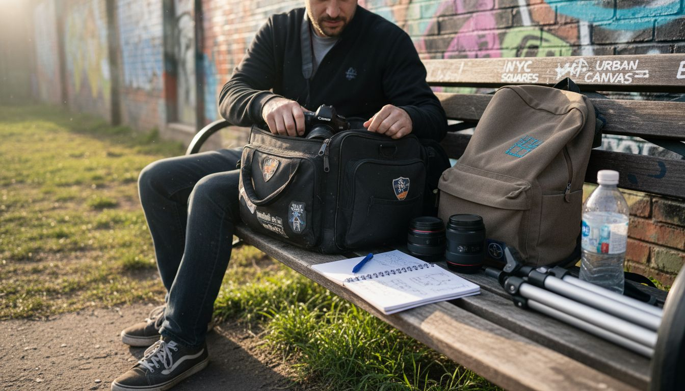 Photographer unpacking gear on location bench