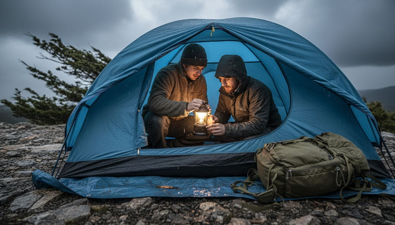 Campers sheltering in dome tent during storm