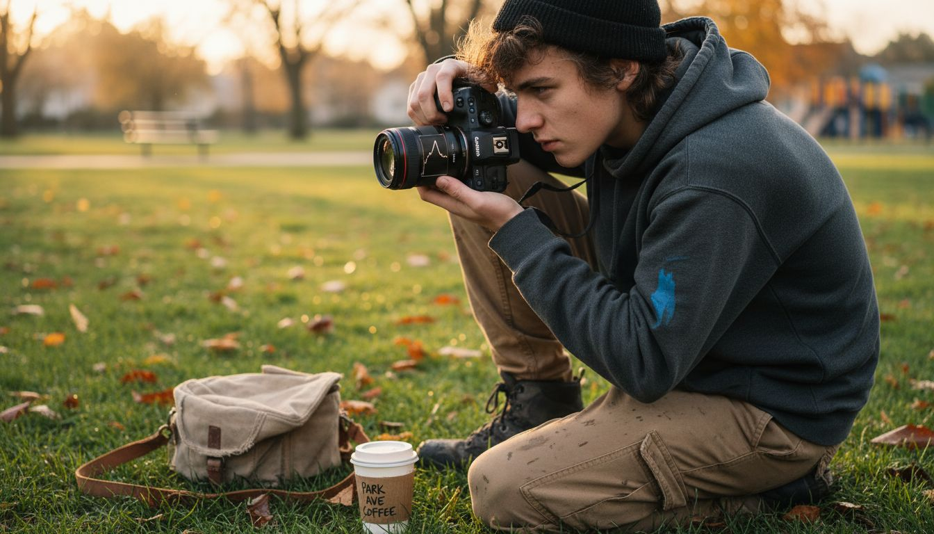 Teen reading camera histogram in park
