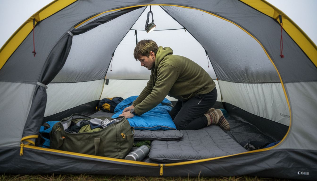 Camper layering sleeping bag insulation inside tent