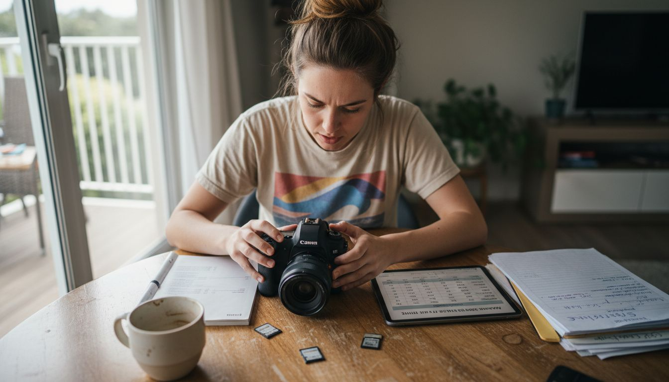 Photographer adjusting burst mode camera settings