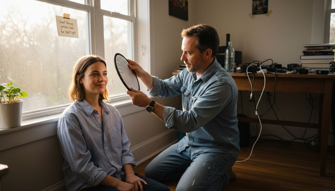 Photographer adjusts lighting for portrait clarity