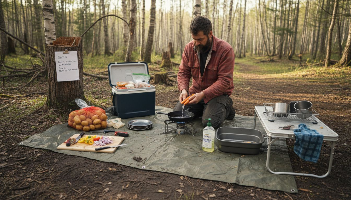 Camper organizes camp kitchen with distinct zones