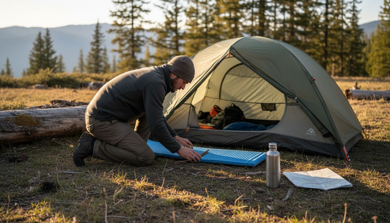 Camper preparing tent site for sleeping