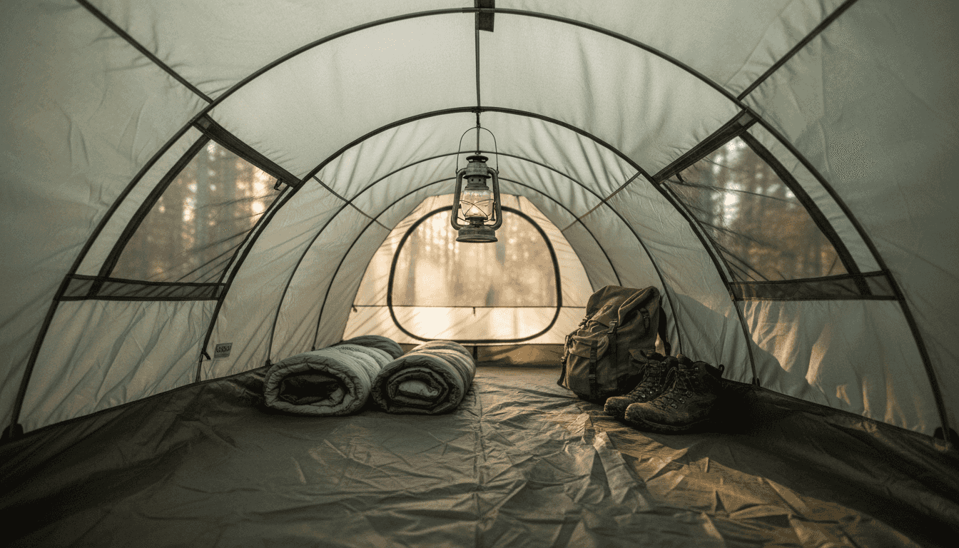 Tunnel tent interior with arched poles and gear