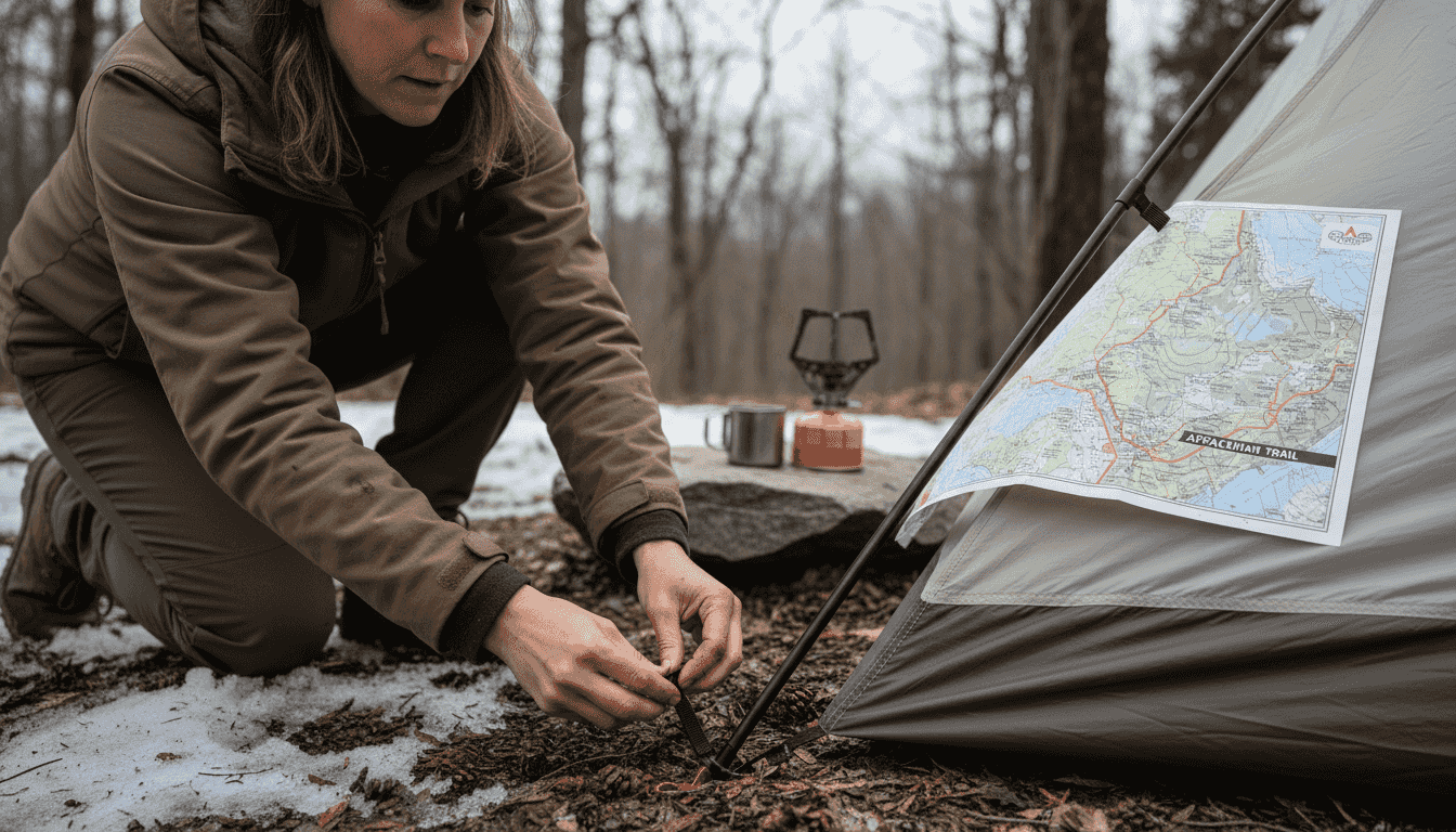 Close-up of camper checking dome tent poles