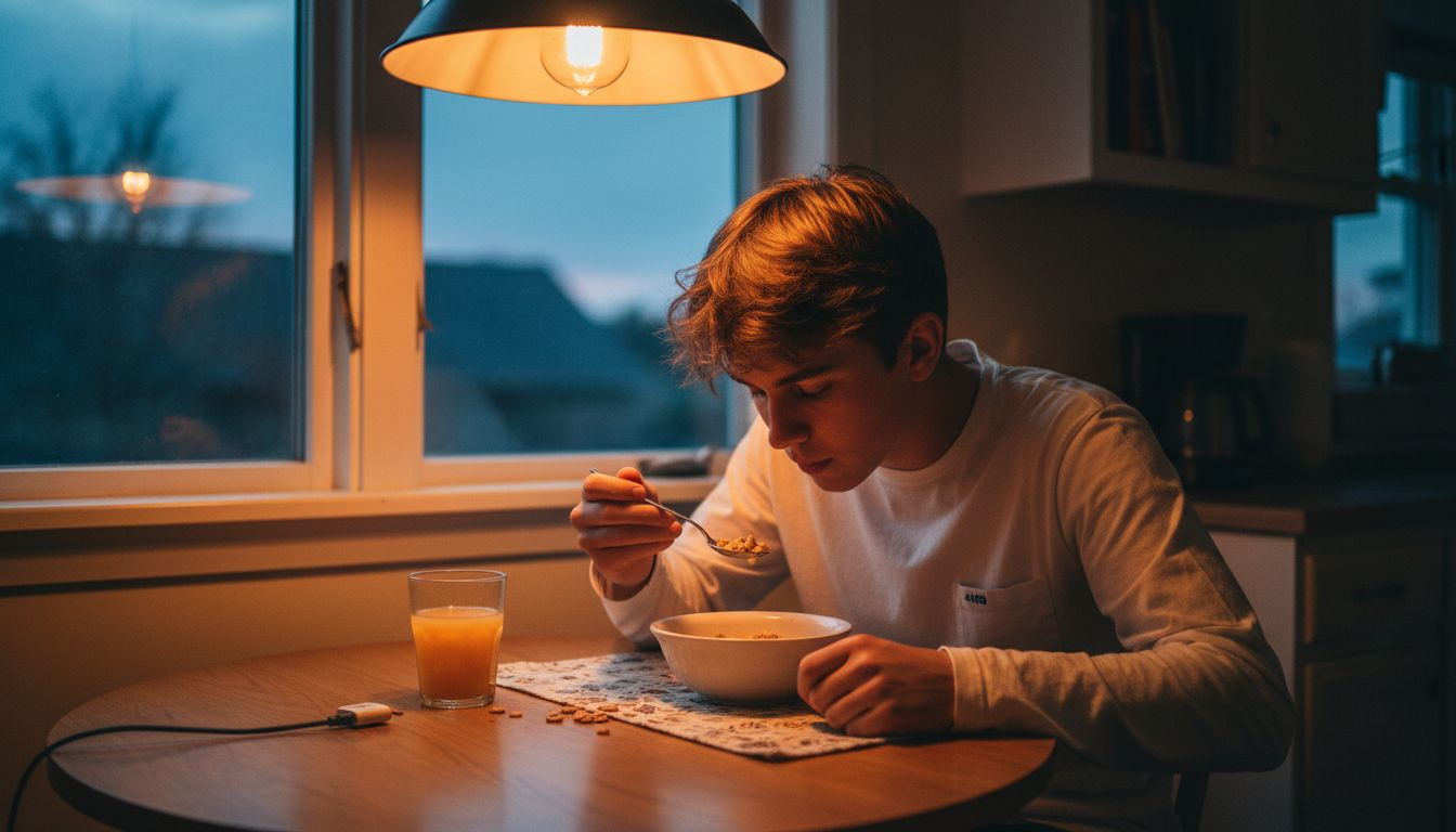 Warm light from lamp in early morning kitchen