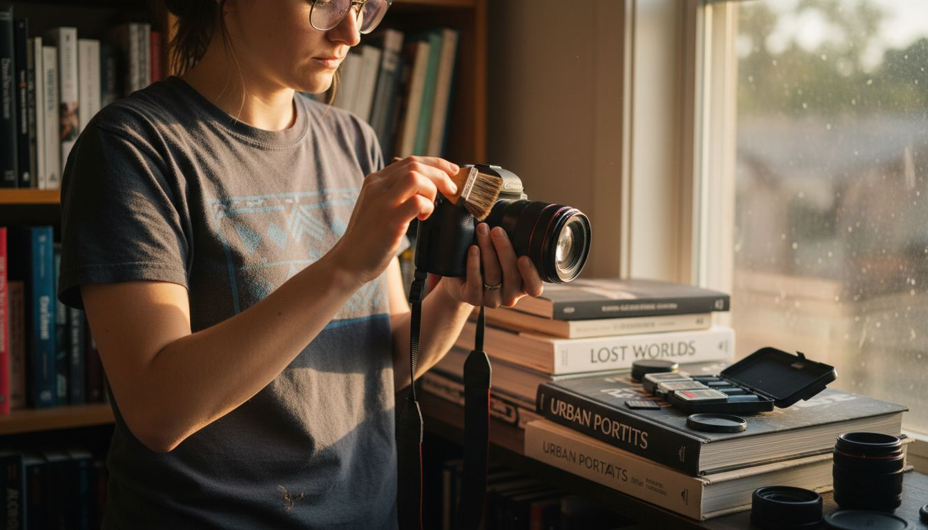 Woman dusting camera viewfinder and body