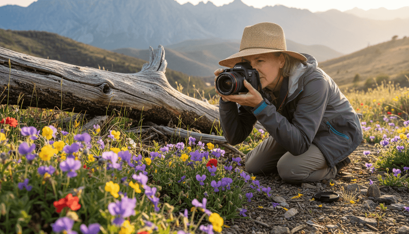 Photographer highlighting depth with foreground wildflowers