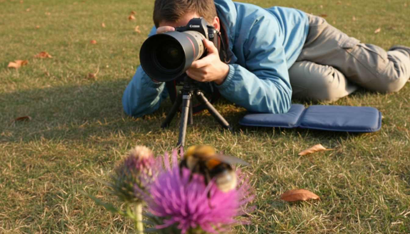 Photographer using telephoto macro lens for bee