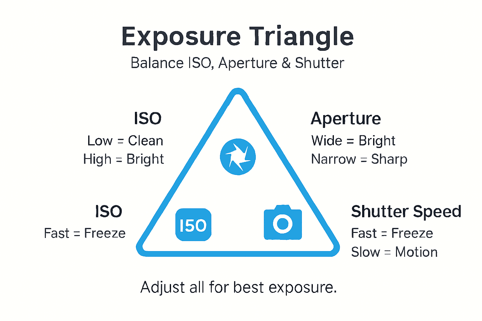 Infographic of ISO aperture and shutter triangle showing Light Photography Settings: