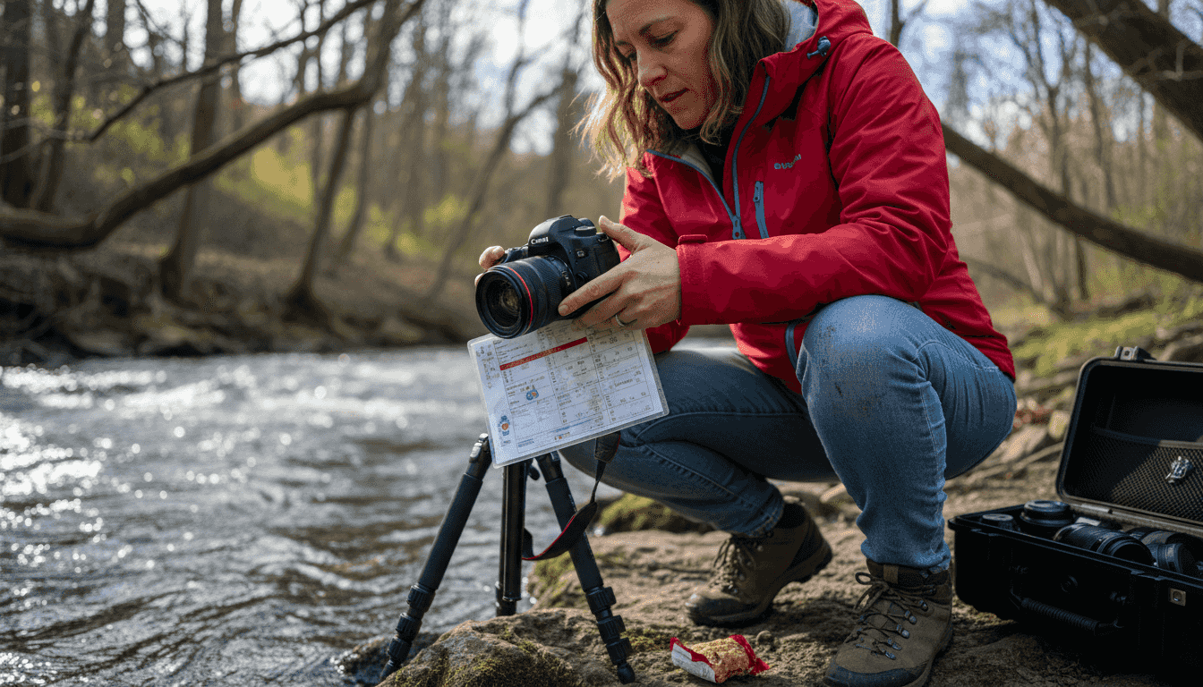 Woman adjusting shutter speed by creek morning light