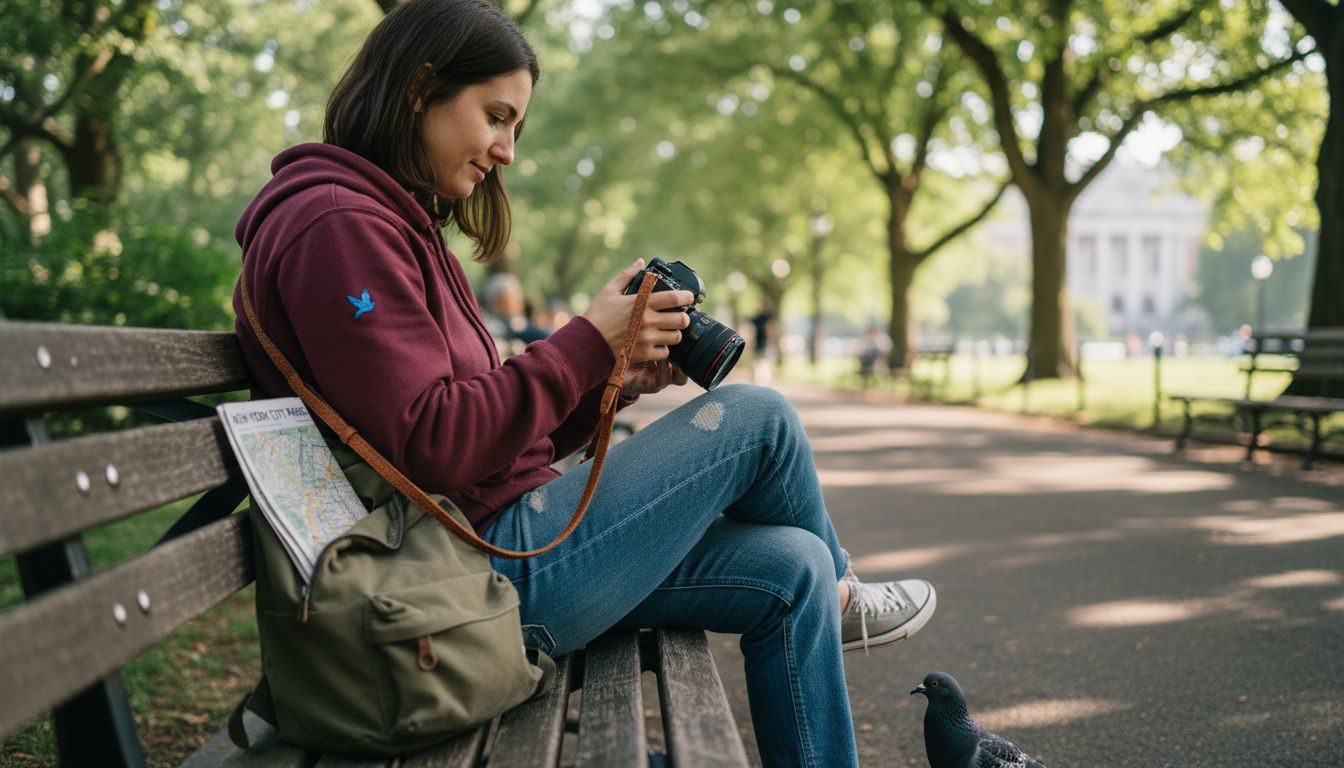Woman using crossbody strap in city park