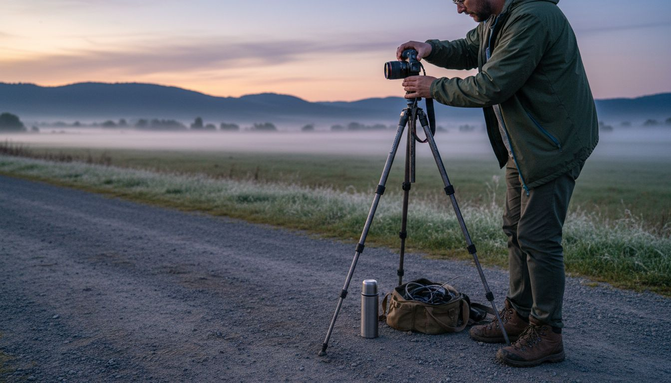 Photographer using tripod at twilight on path