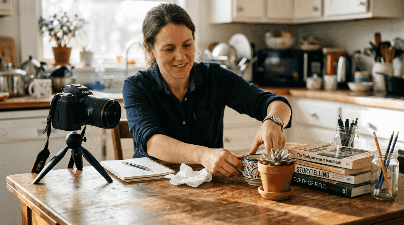 Photographer sets up indoor aperture demo scene