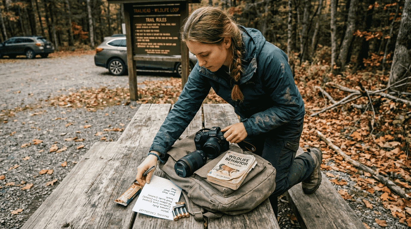 Preparing wildlife camera gear checklist outdoors