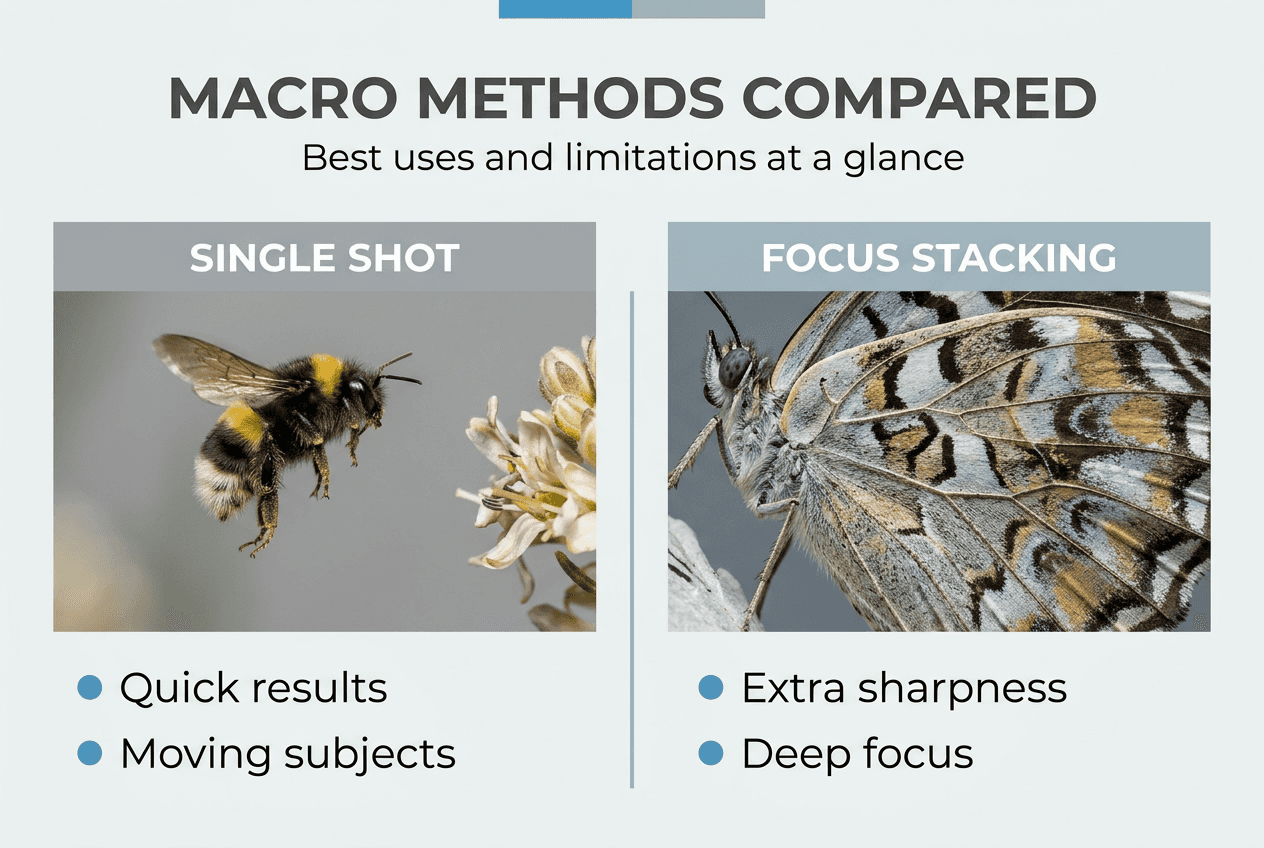 Infographic comparing single shot and stacking