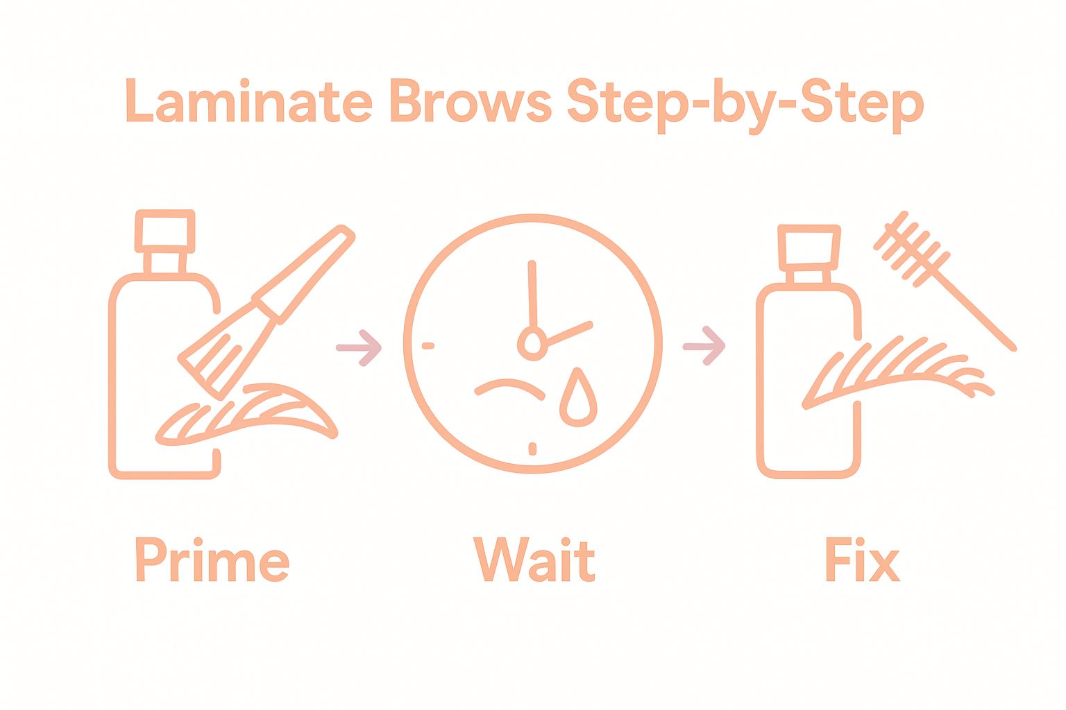 Three-step infographic illustrating primer, lifting, and fixing brow lamination process