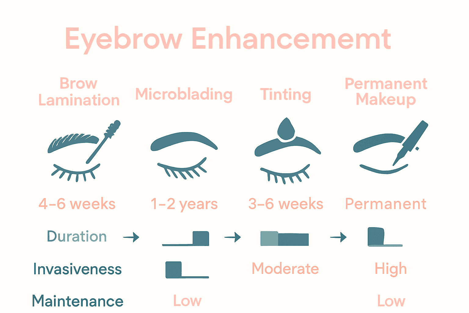 Table infographic comparing brow lamination, microblading, tinting, and permanent makeup features.