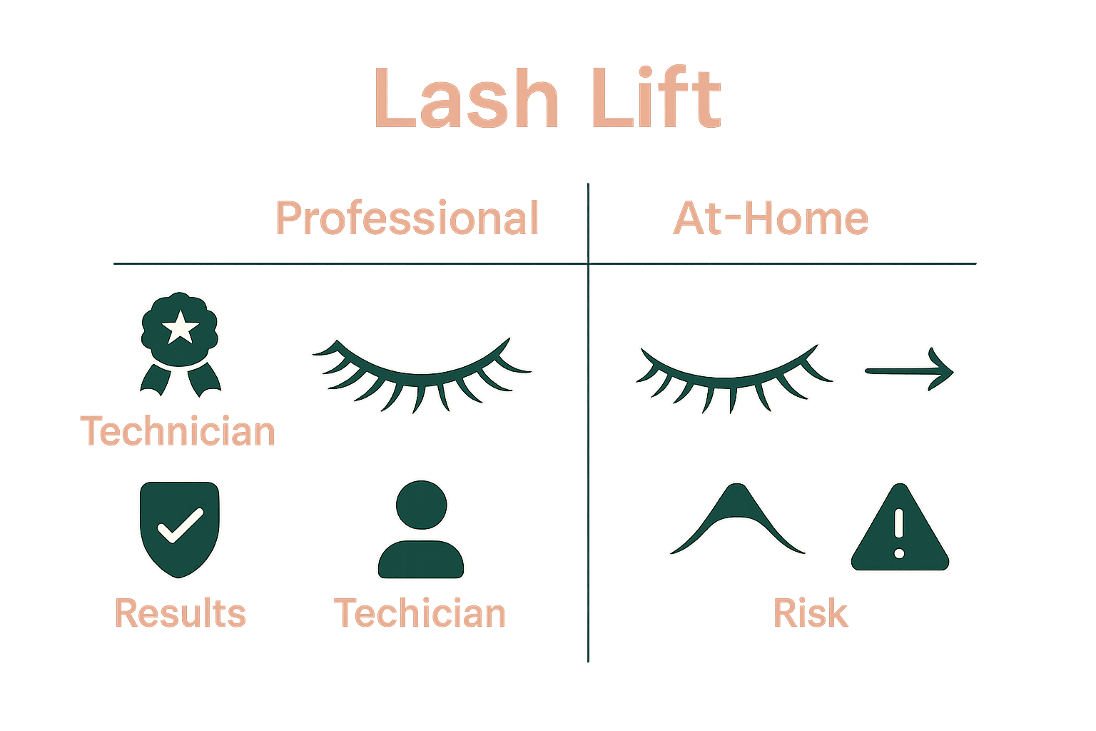 Infographic comparing professional vs at-home lash lifts with icons for skill, results, and safety.