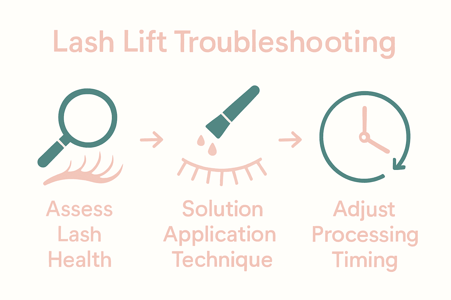 Infographic showing three main lash lift troubleshooting steps with icons.