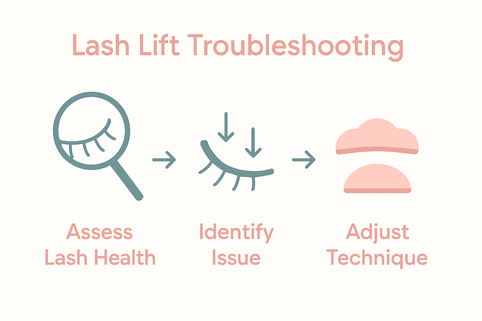 Infographic comparing lash assessment, issue identification, and technique adjustment in troubleshooting lash lifts