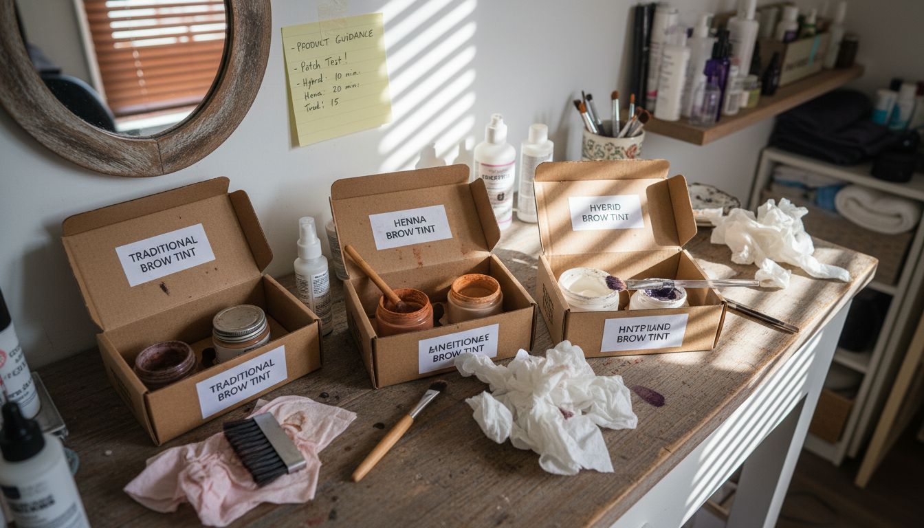 Three brow tint types displayed on counter