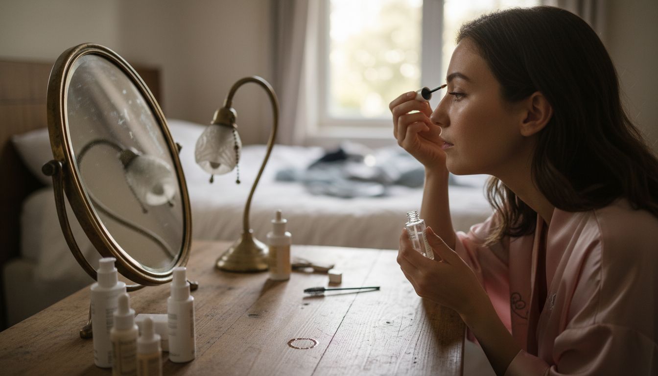 Woman applying brow serum at home vanity