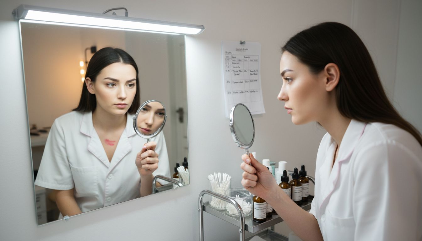 Checking brow health in beauty studio mirror