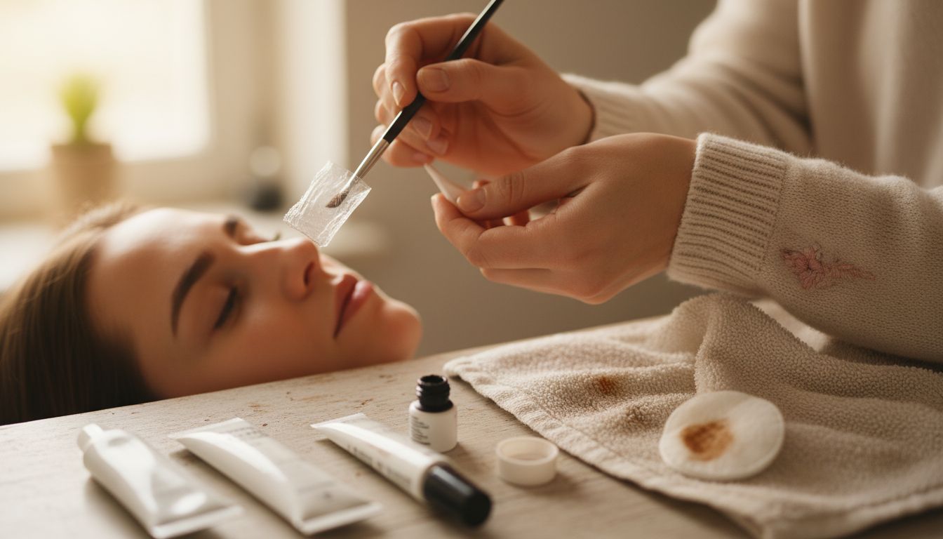 Detail of brow hairs being brushed upward