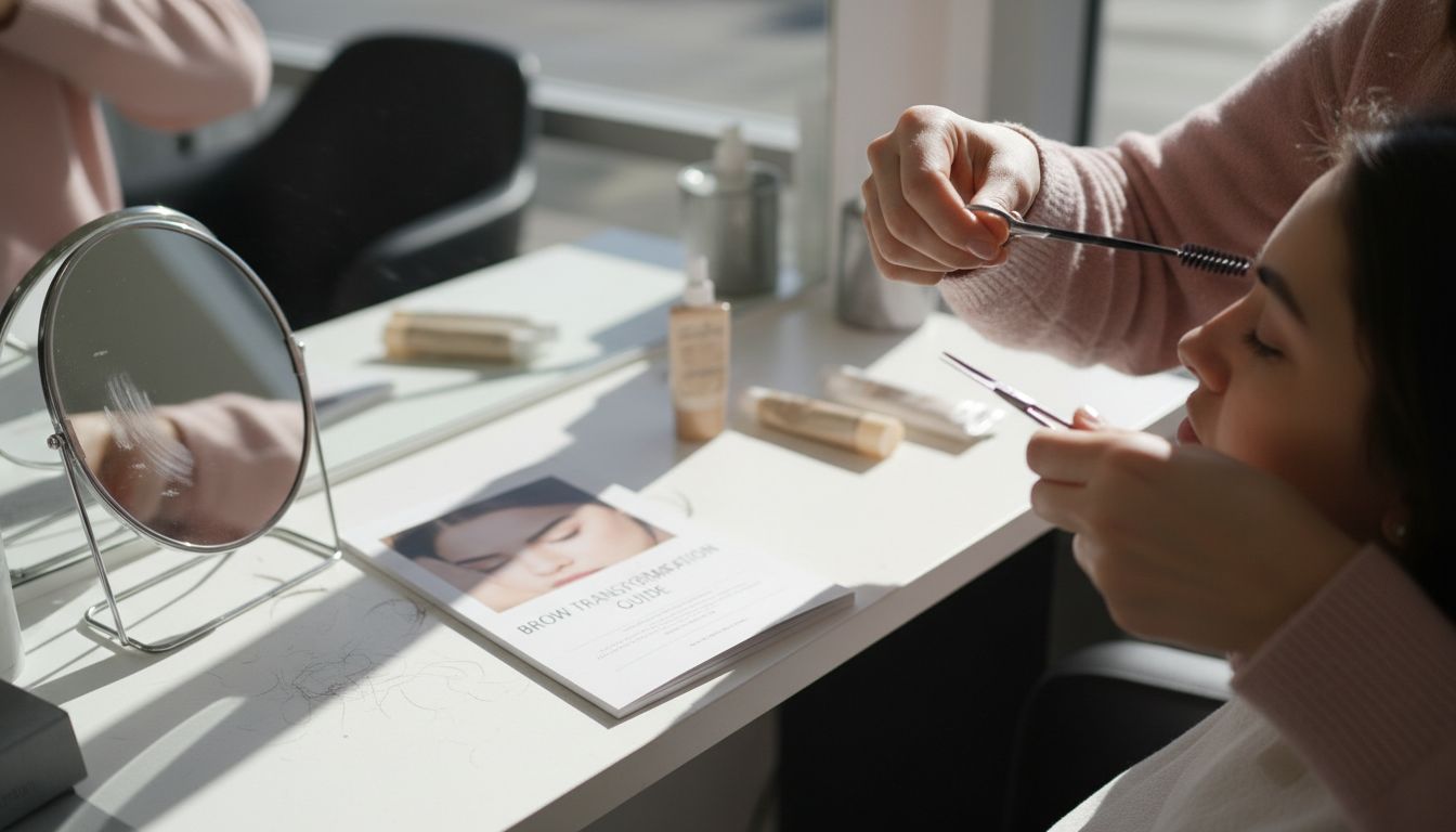 Technician trims brows with spoolie and scissors