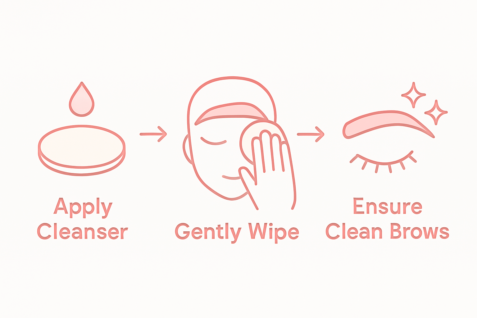 Brow cleansing steps illustrated in sequence