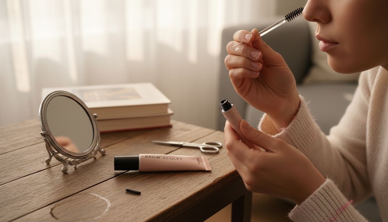Close-up brushing laminated brows at home
