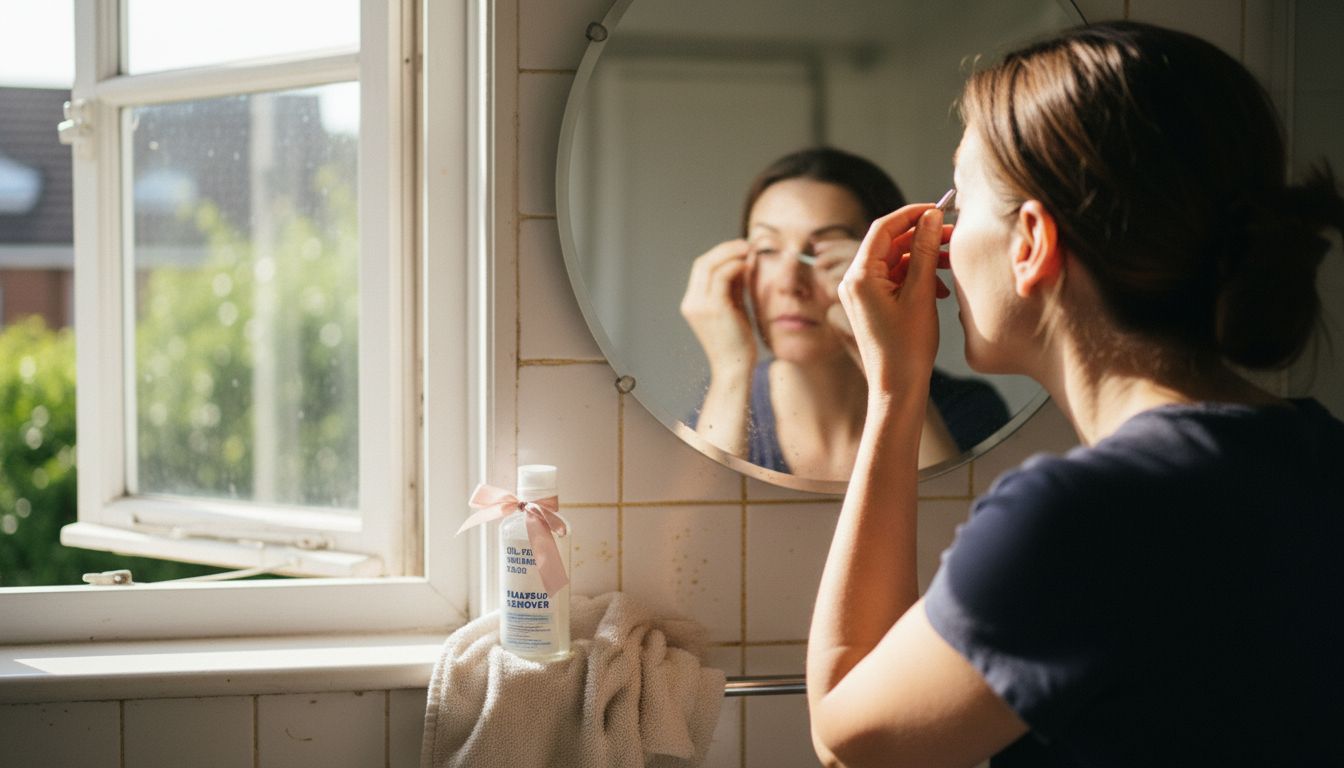 Woman checks lash tint in bathroom light