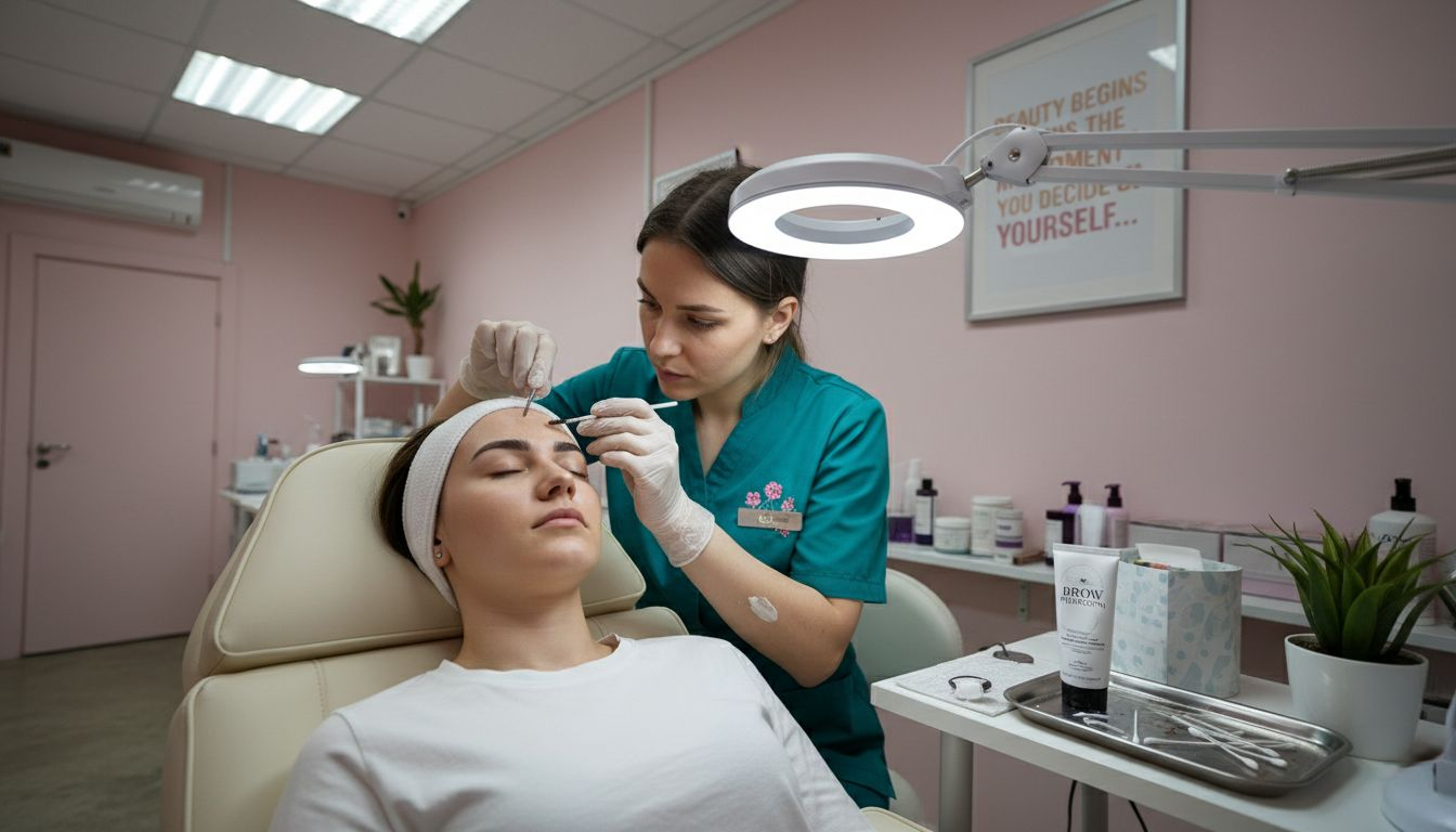 Technician applying brow lamination solution