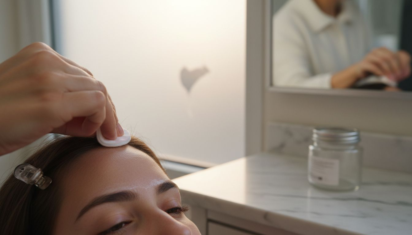 Beautician cleansing and protecting client’s brows